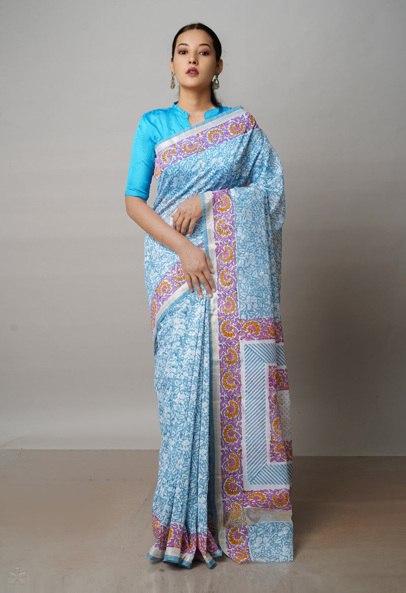 Light Blue Dyed Printed Chanderi Sico Saree-UNM71943