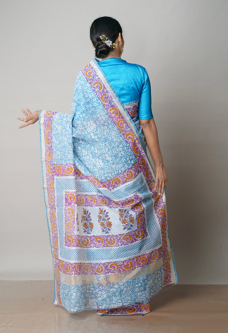 Light Blue Dyed Printed Chanderi Sico Saree-UNM71943