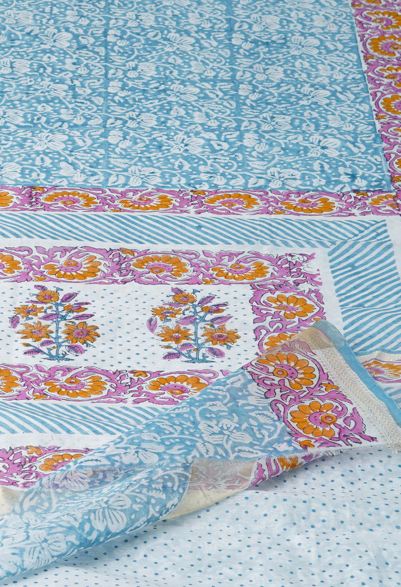 Light Blue Dyed Printed Chanderi Sico Saree-UNM71943