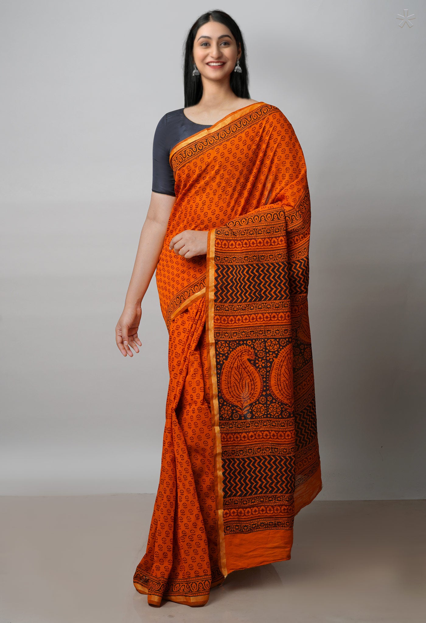 Orange Bagh Printed Chanderi Cotton Saree