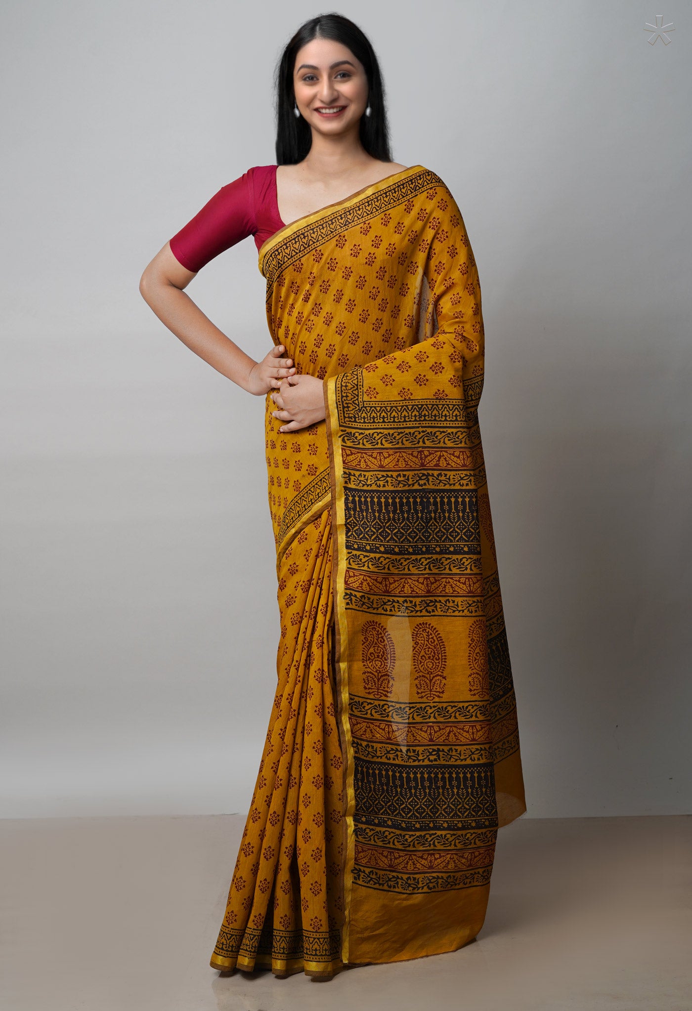 Brown Art Chanderi Bagh Printed Cotton Saree