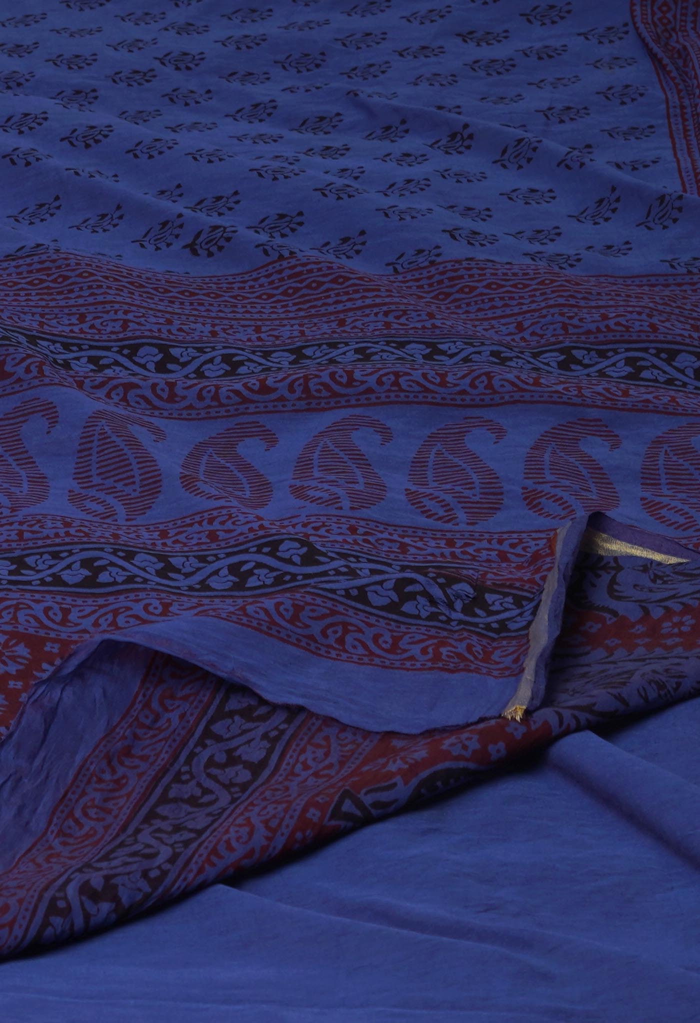 Blue  Art Chanderi Bagh Printed Cotton Saree-UNM72021