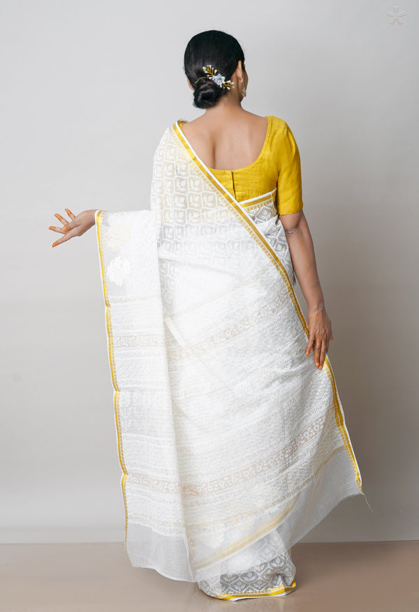 Ivory Pure  Banarasi Kota With Gold Embossed Print And Embroidery Kota Saree-UNM72041