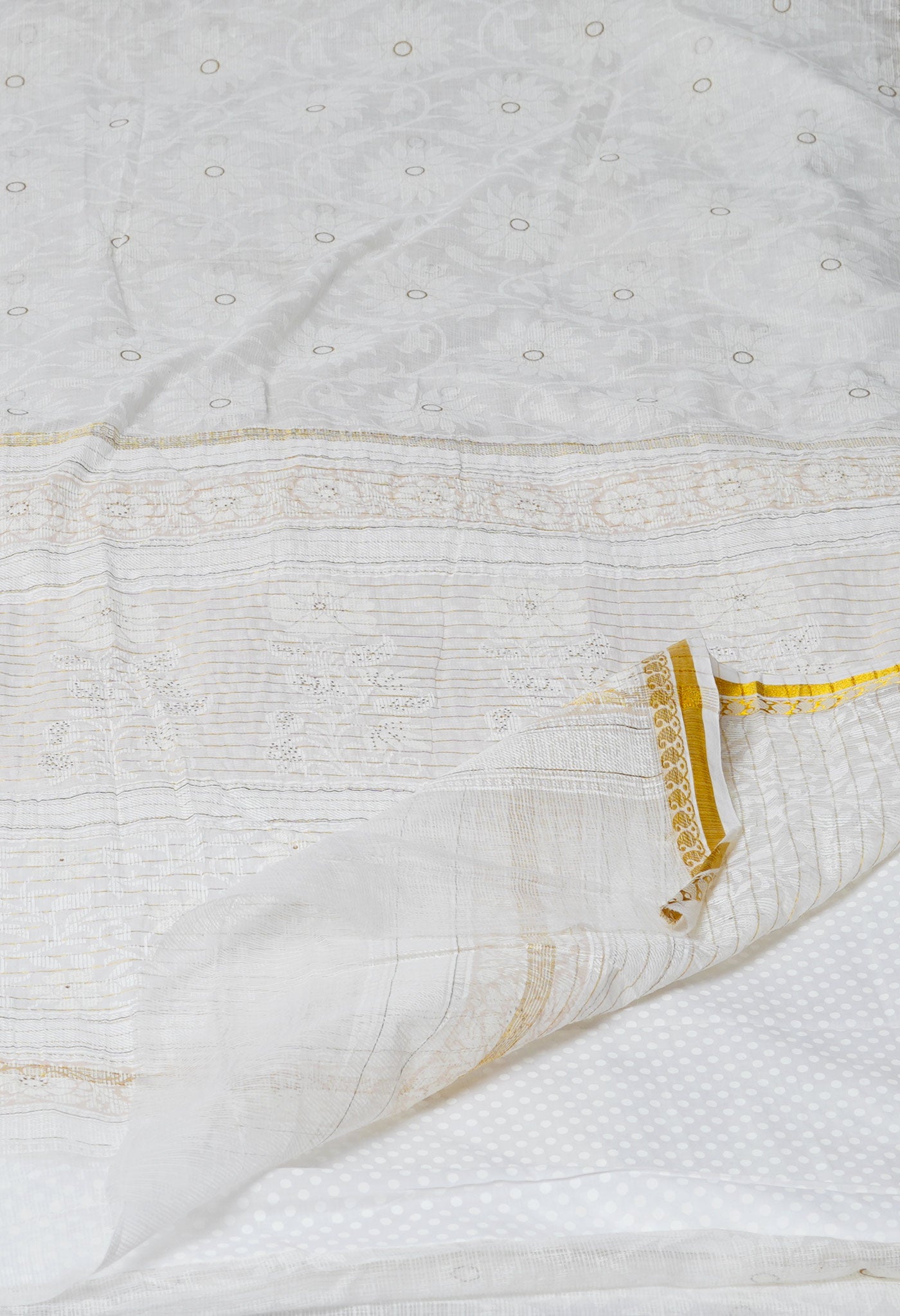 Ivory Pure  Banarasi Kota With Gold Embossed Print And Embroidery Kota Saree-UNM72042