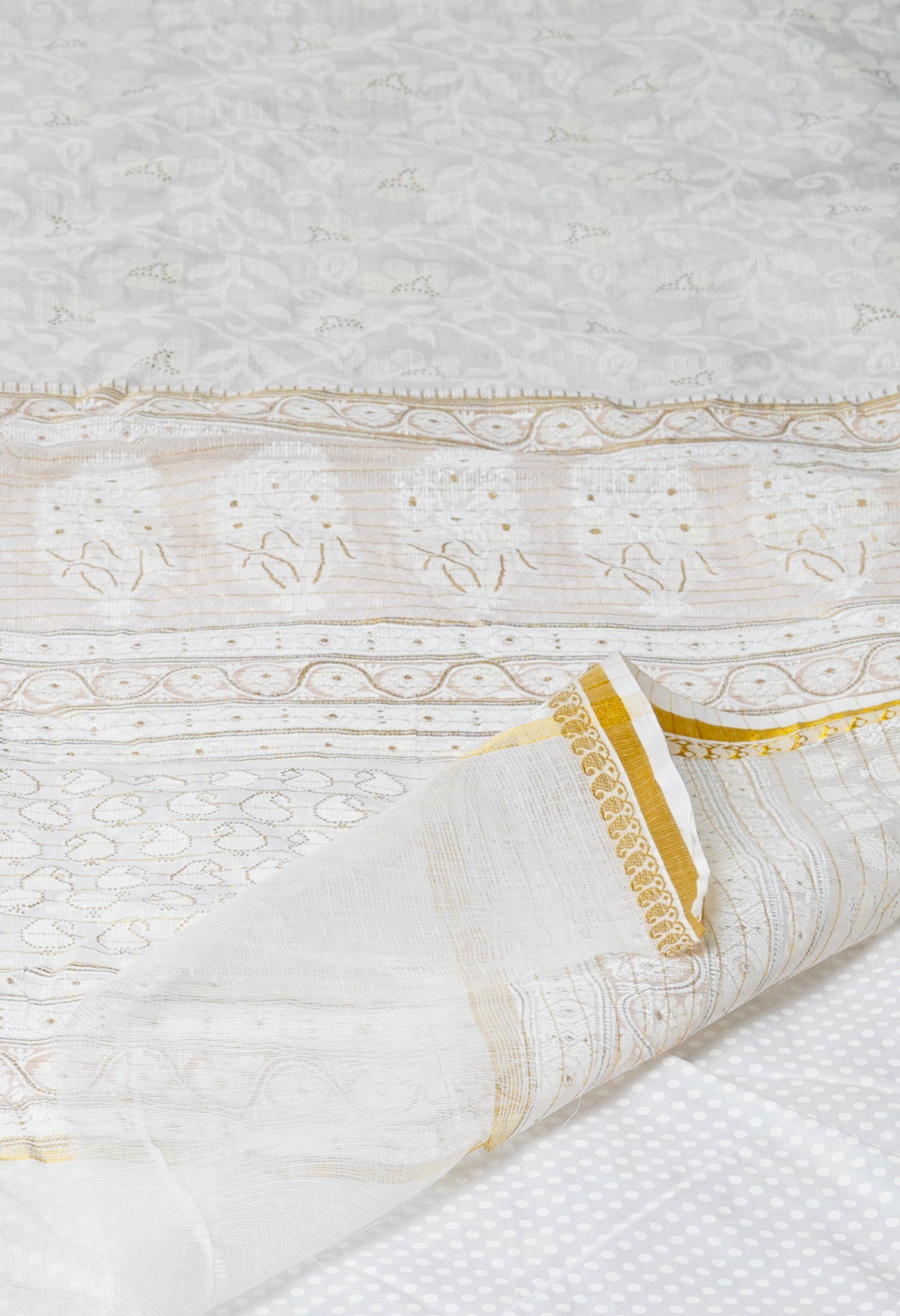 Ivory Pure Banarasi Kota With Gold Embossed Print And Embroidery Kota Saree