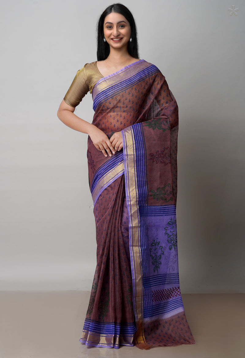 Burgundy Pure  Block Printed Kota Cotton Saree-UNM72046