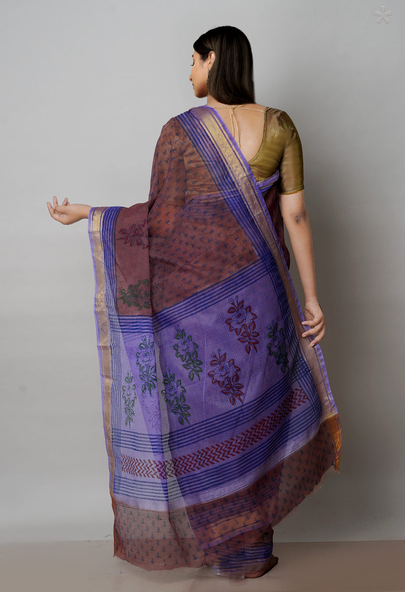 Burgundy Pure  Block Printed Kota Cotton Saree-UNM72046
