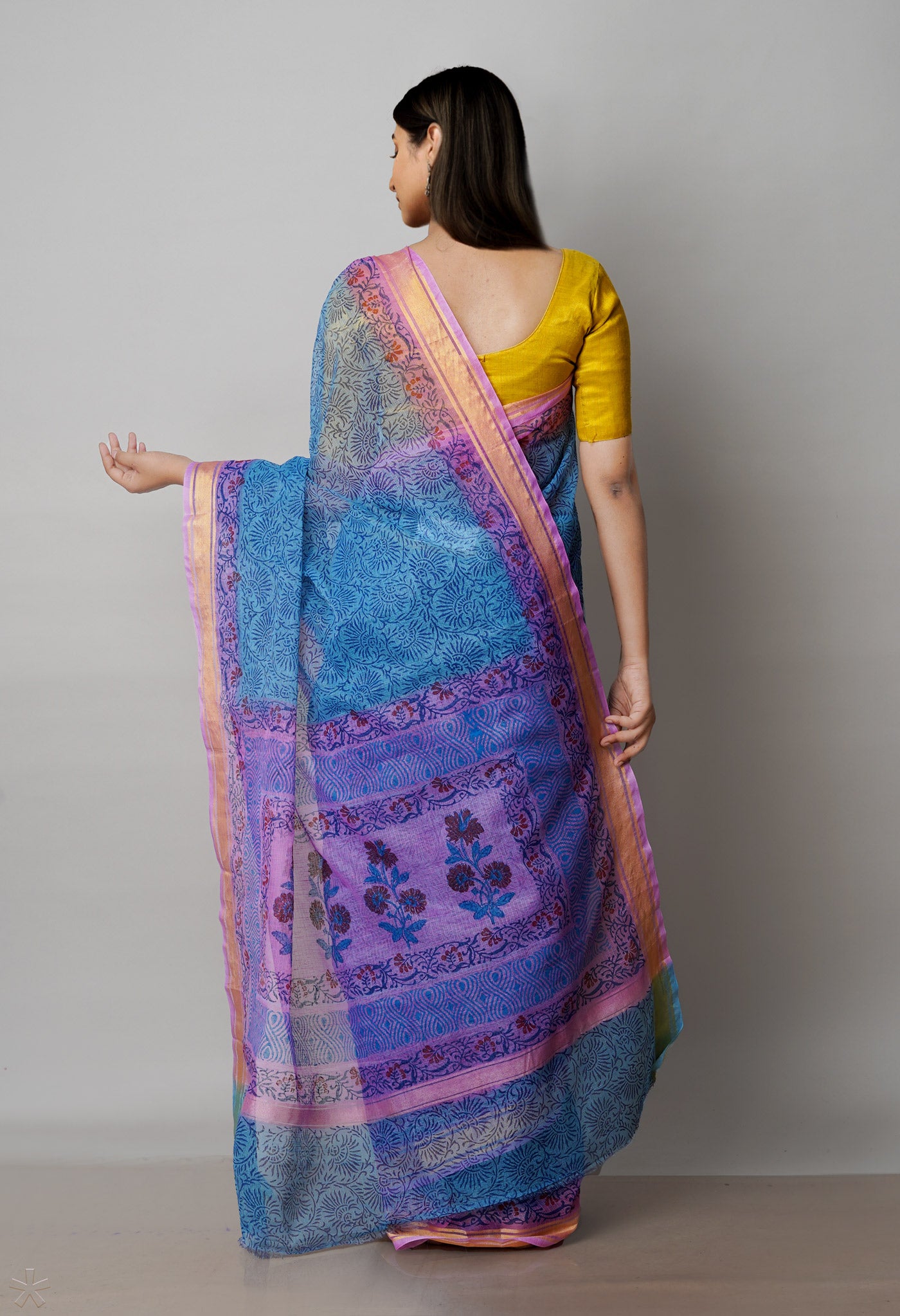 Blue Pure  Block Printed Kota Cotton Saree-UNM72053