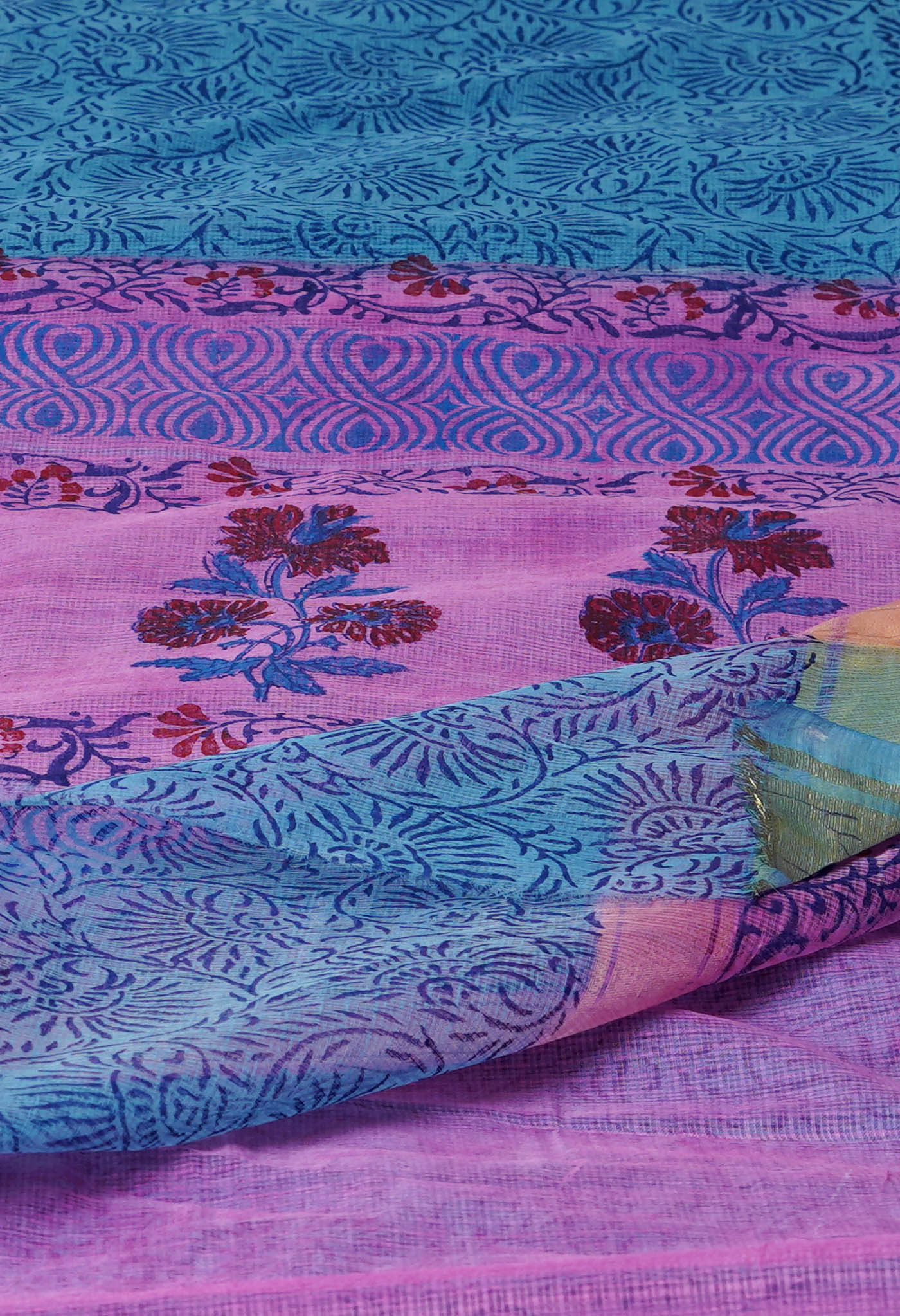 Blue Pure  Block Printed Kota Cotton Saree-UNM72053