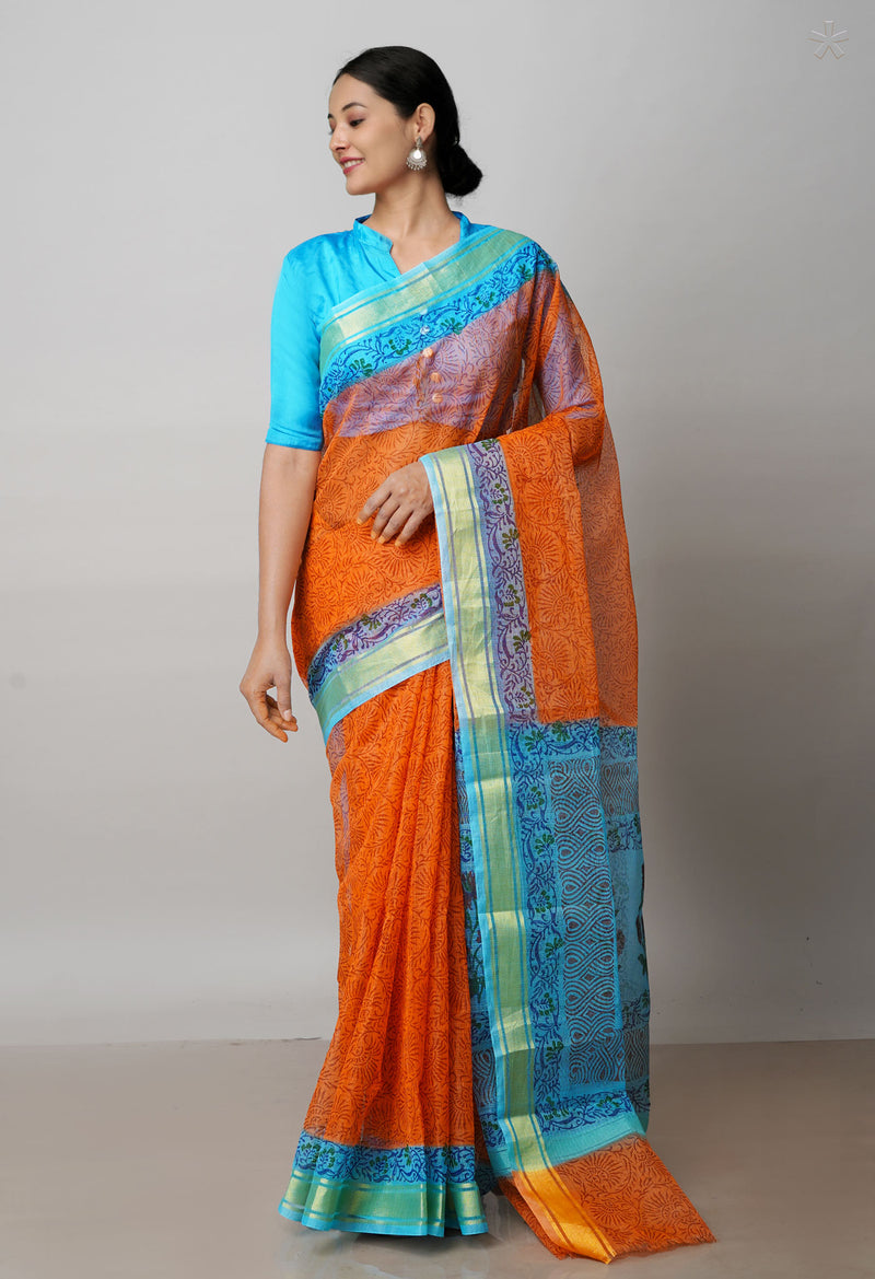 Orange Pure  Block Printed Kota Cotton Saree-UNM72054