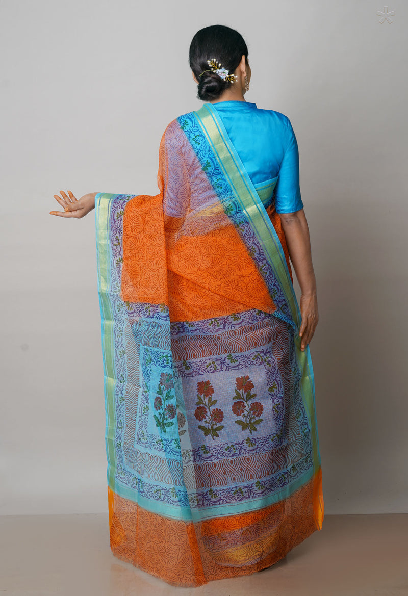 Orange Pure  Block Printed Kota Cotton Saree-UNM72054