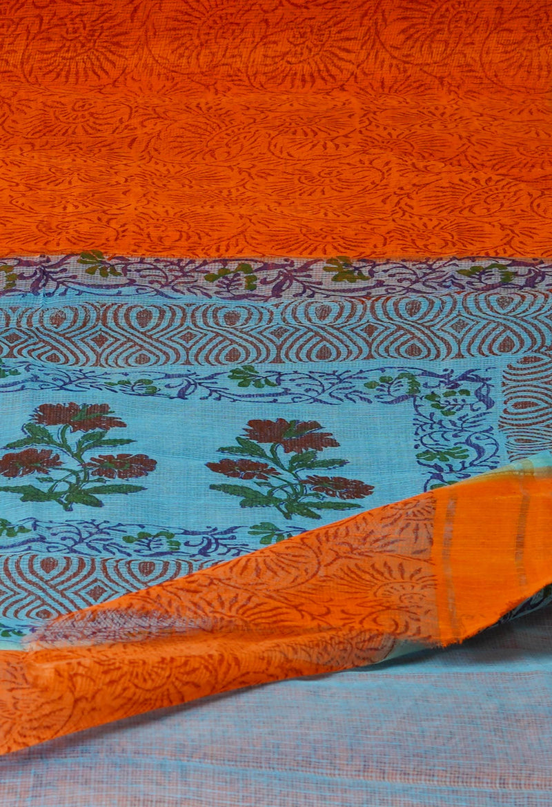 Orange Pure  Block Printed Kota Cotton Saree-UNM72054