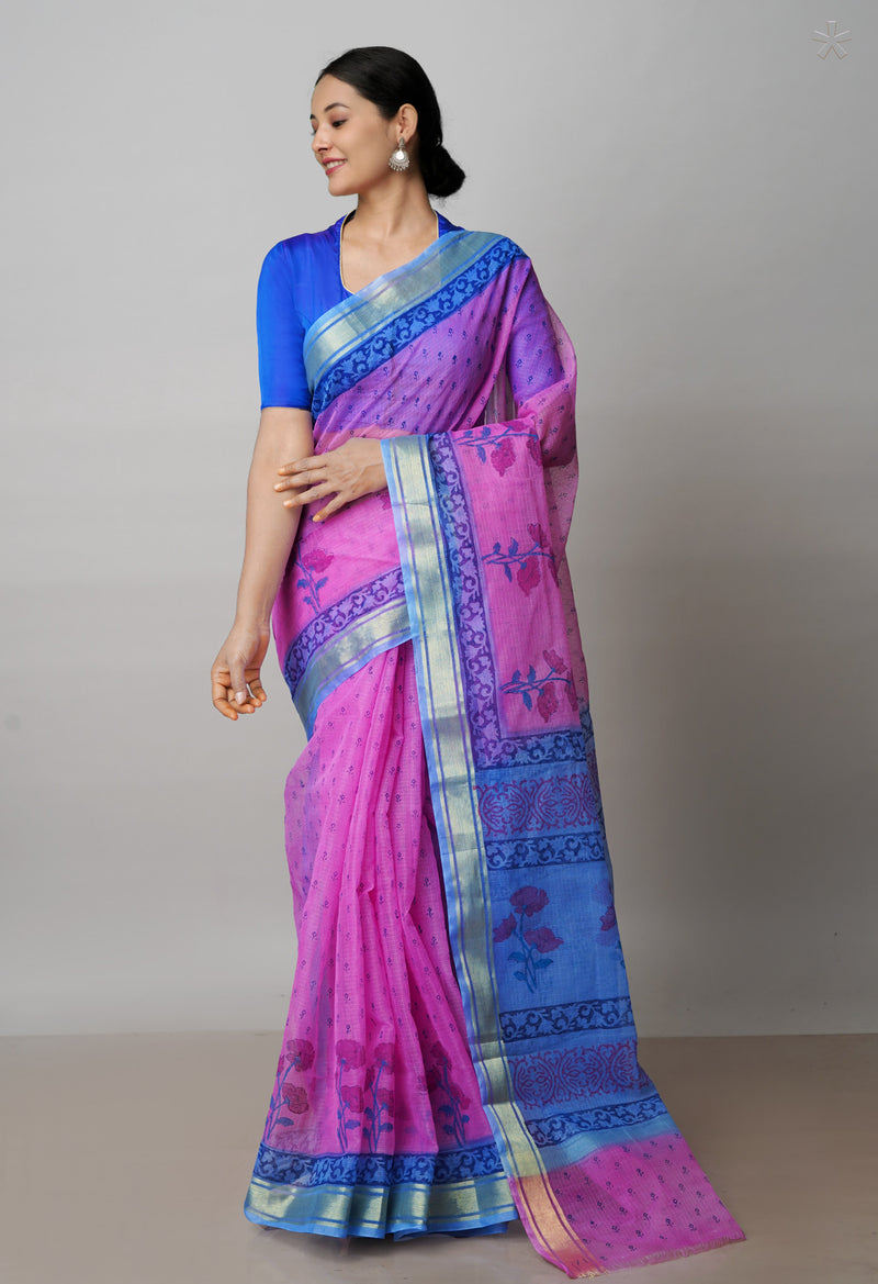 Pink Pure  Block Printed Kota Cotton Saree-UNM72057