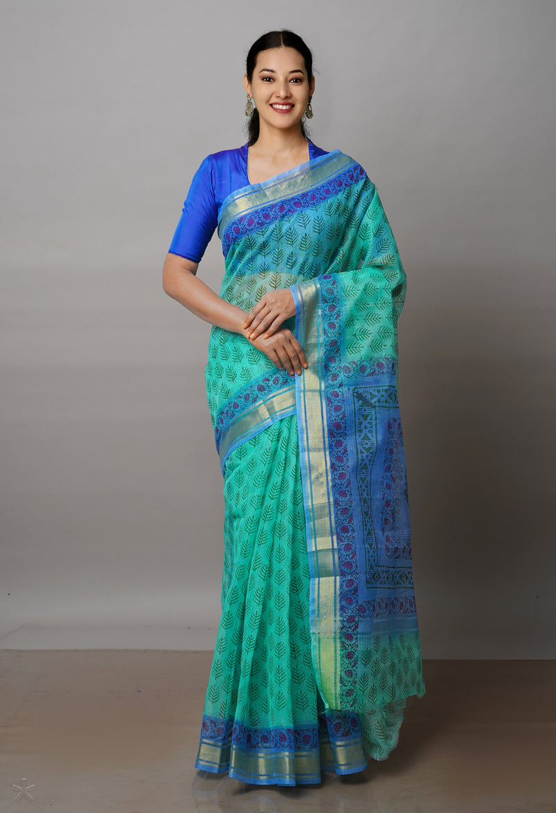 Green Pure  Block Printed Kota Cotton Saree-UNM72079