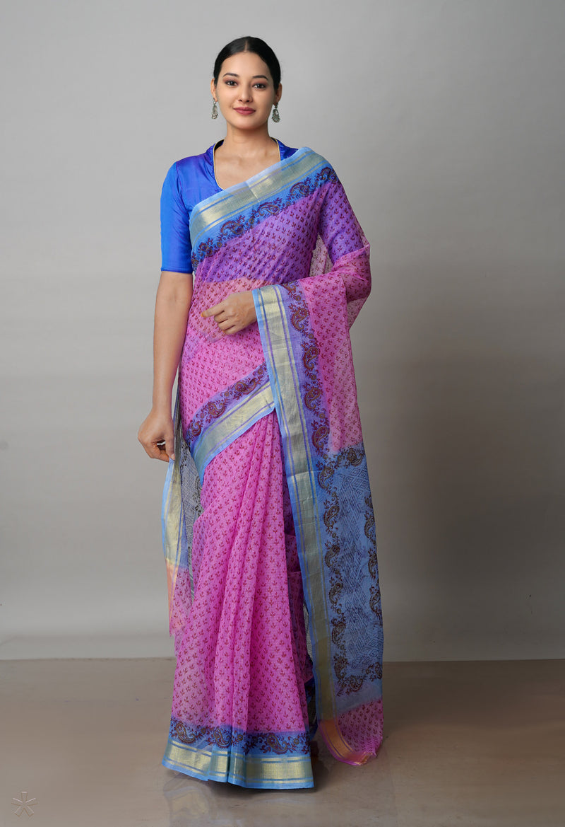 Pink Pure  Block Printed Kota Cotton Saree-UNM72093