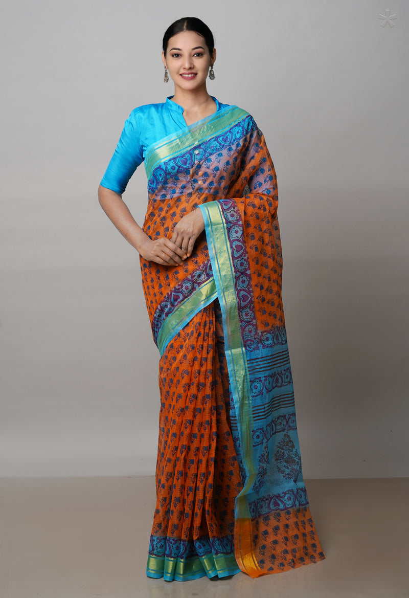 Orange Pure  Block Printed Kota Cotton Saree-UNM72101