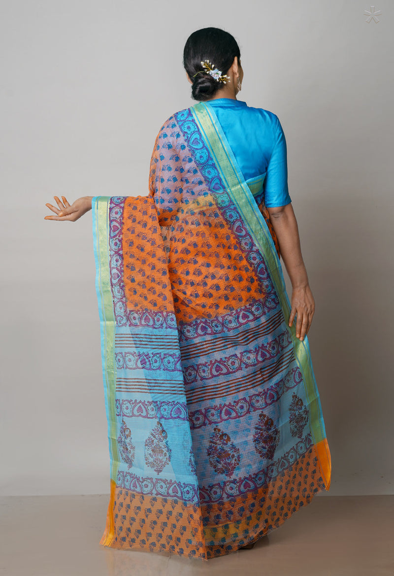 Orange Pure  Block Printed Kota Cotton Saree-UNM72101
