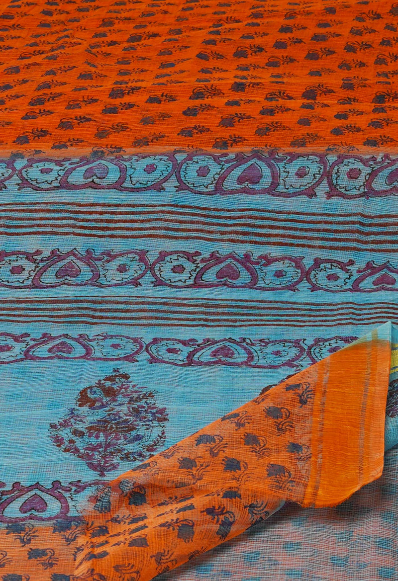 Orange Pure  Block Printed Kota Cotton Saree-UNM72101