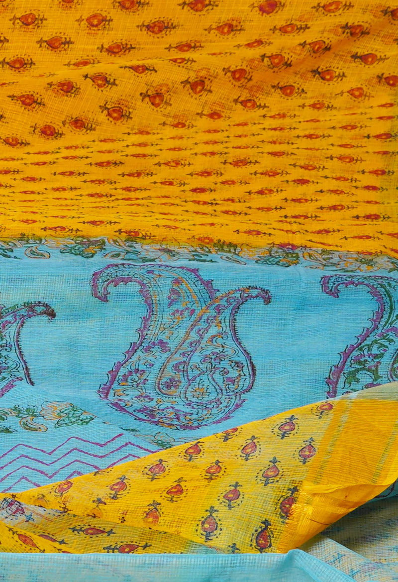 Yellow Pure  Block Printed Kota Cotton Saree-UNM72104
