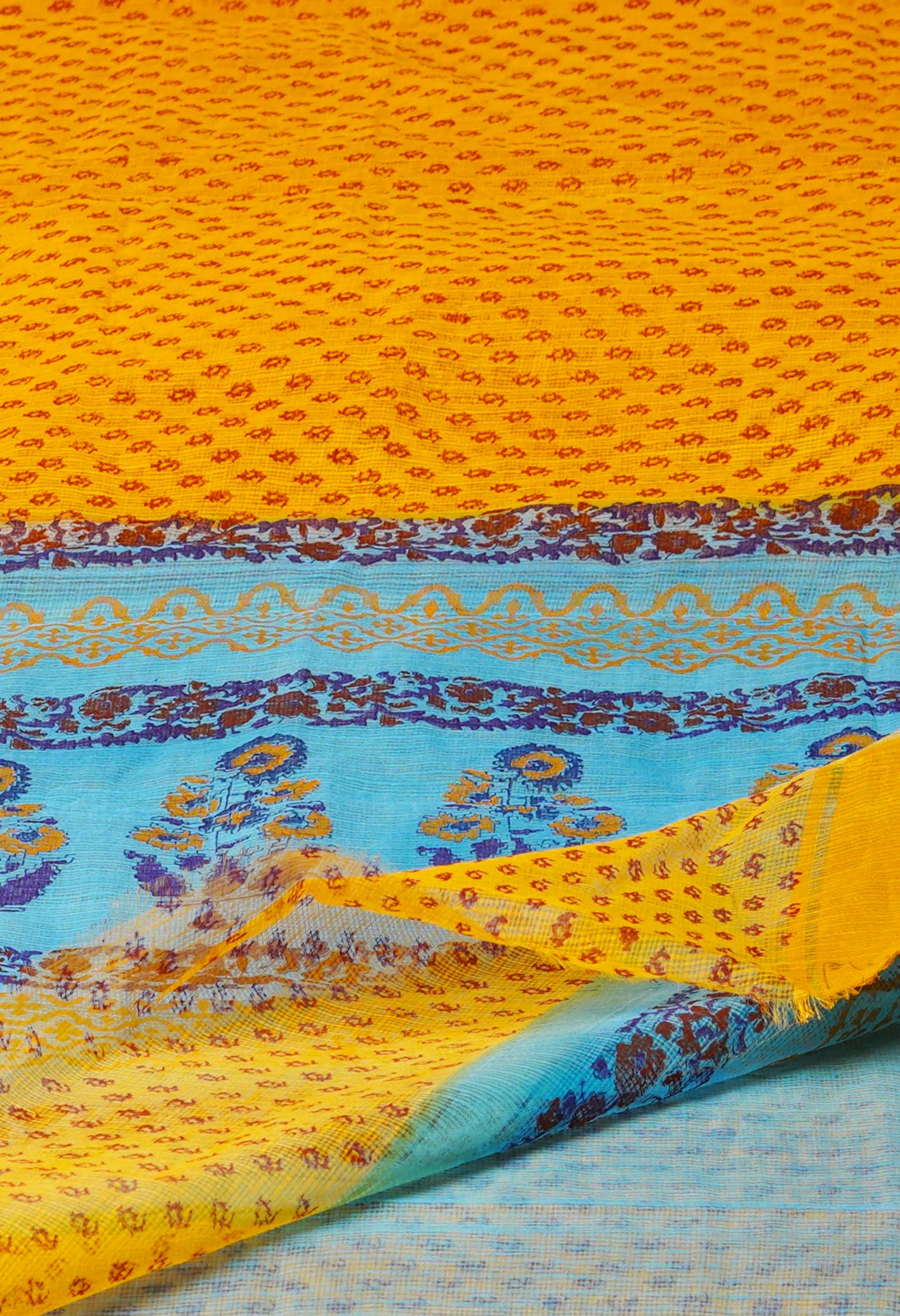 Yellow Pure  Block Printed Kota Cotton Saree-UNM72111