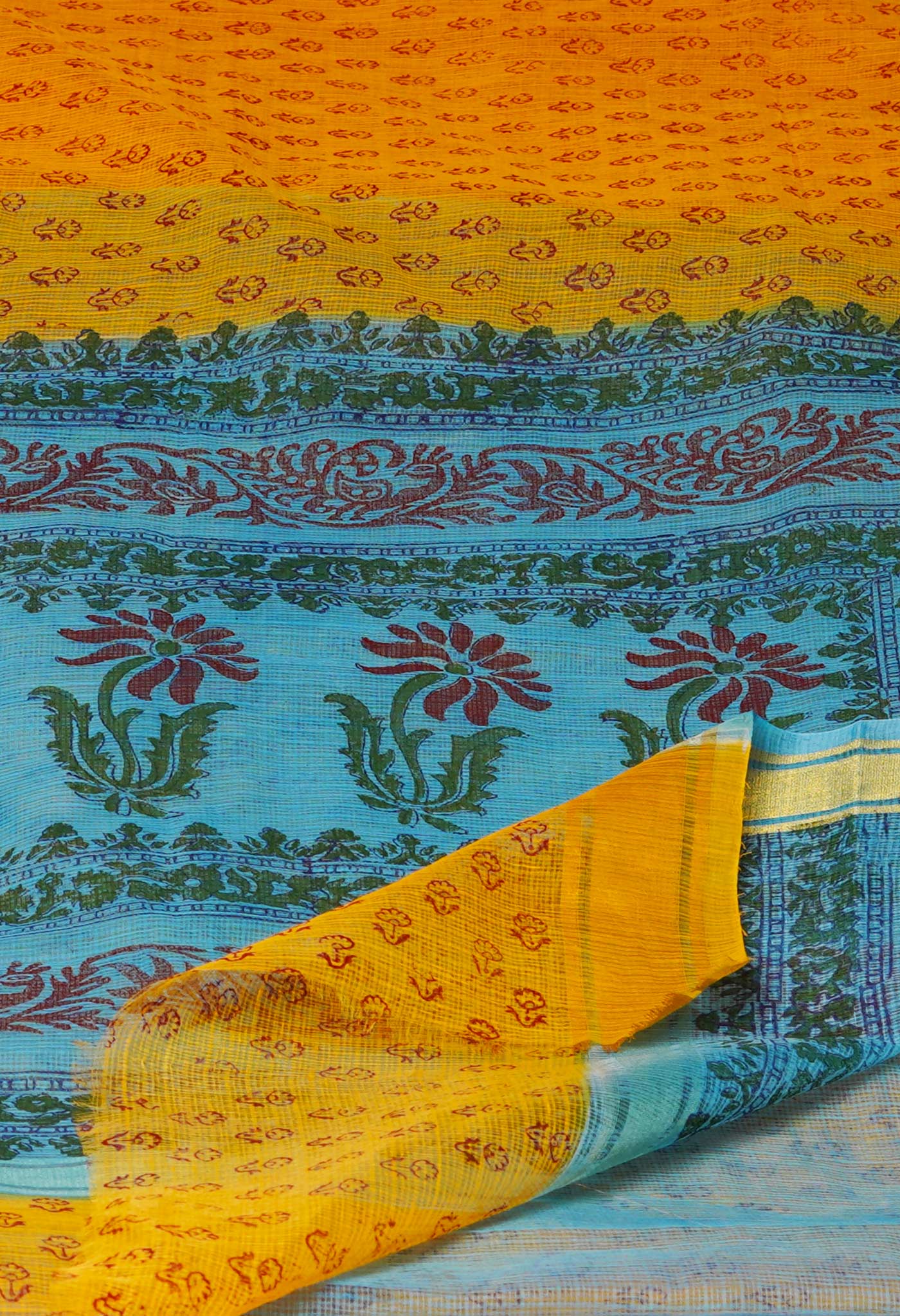 Yellow Pure  Block Printed Kota Cotton Saree-UNM72114