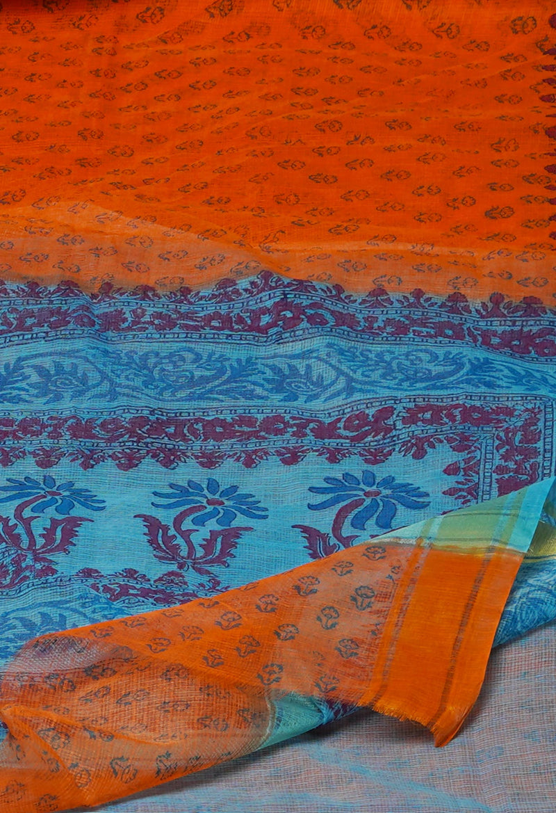 Orange Pure  Block Printed Kota Cotton Saree-UNM72117