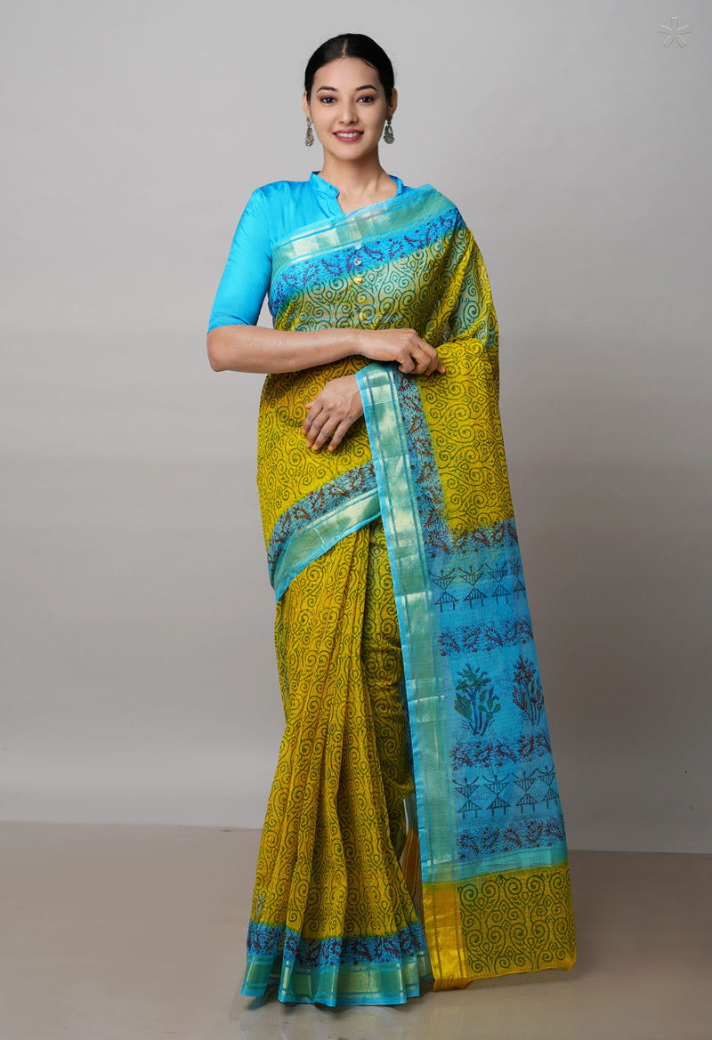 Yellow Pure  Block Printed Kota Cotton Saree-UNM72118