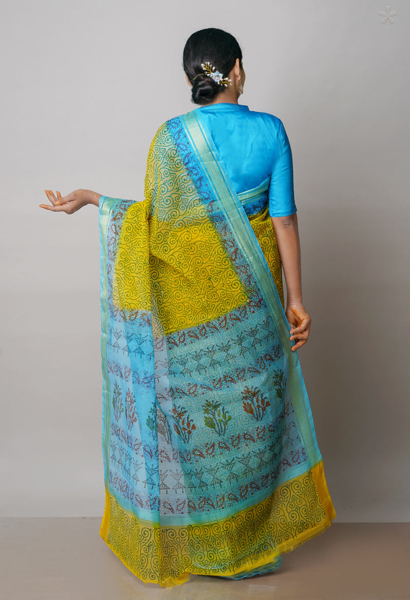 Yellow Pure  Block Printed Kota Cotton Saree-UNM72118