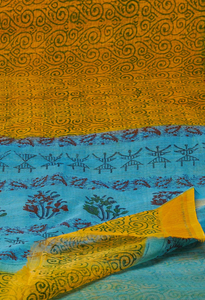 Yellow Pure  Block Printed Kota Cotton Saree-UNM72118