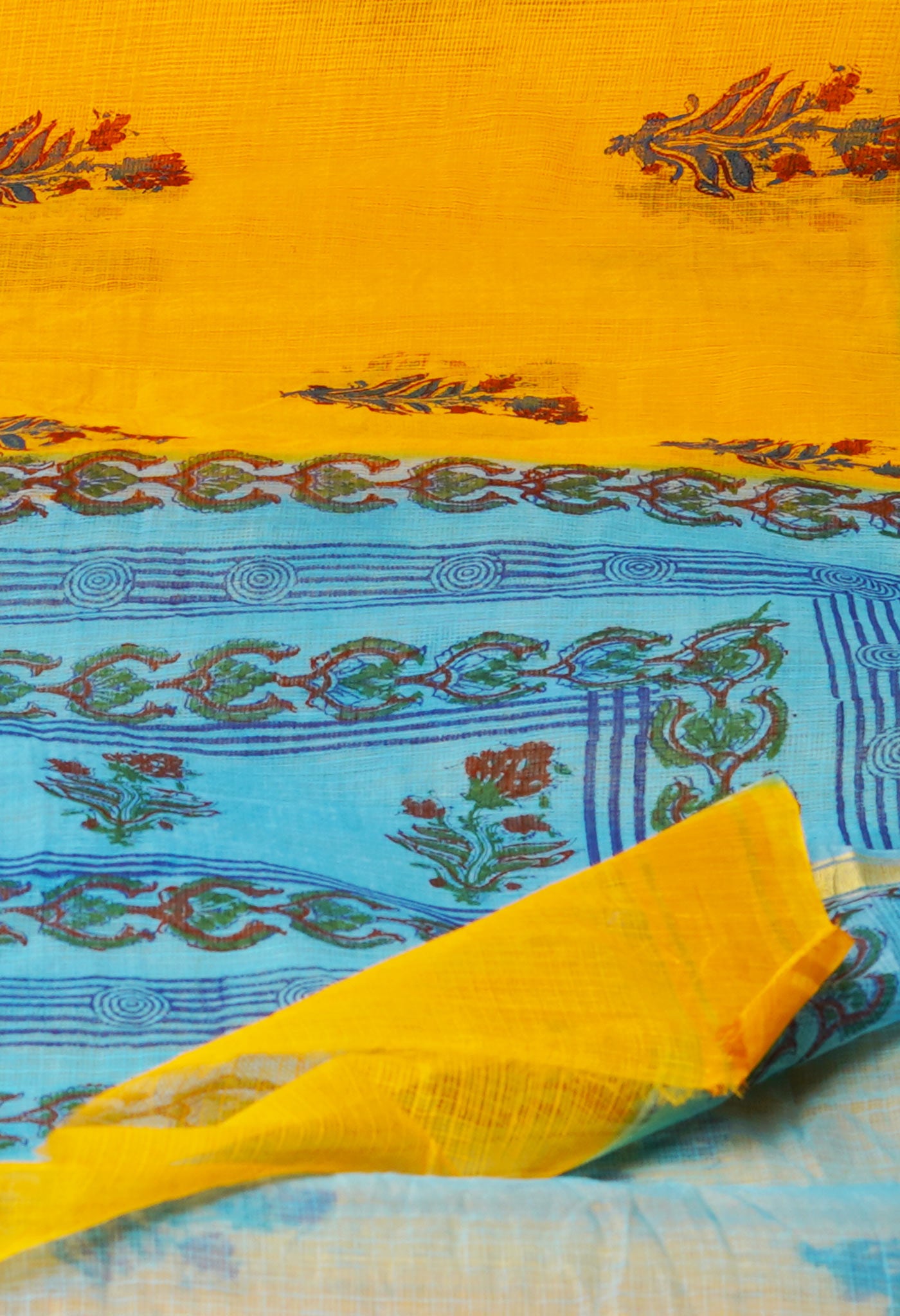 Yellow Pure  Block Printed Kota Cotton Saree-UNM72132