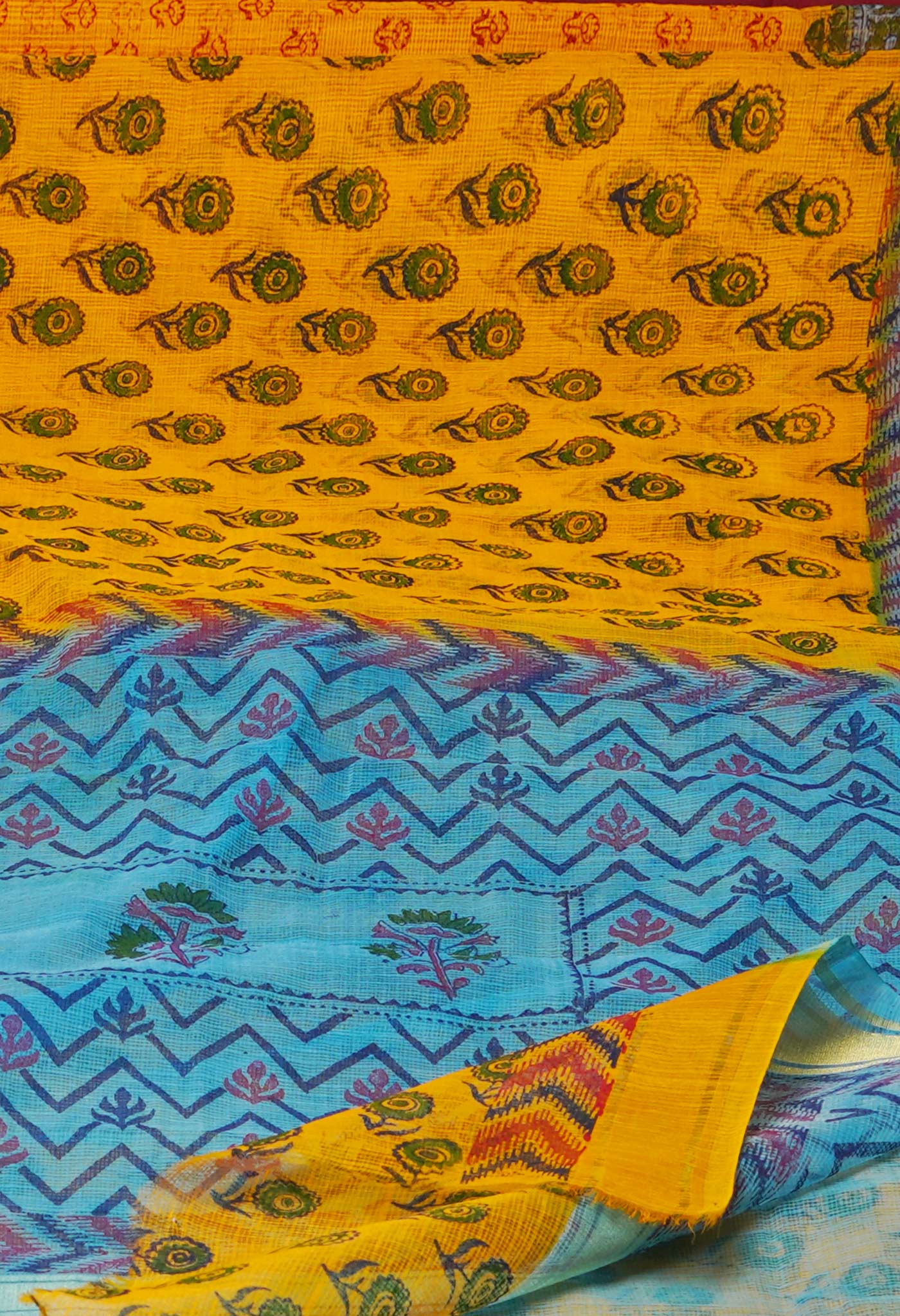 Yellow Pure  Block Printed Kota Cotton Saree-UNM72141