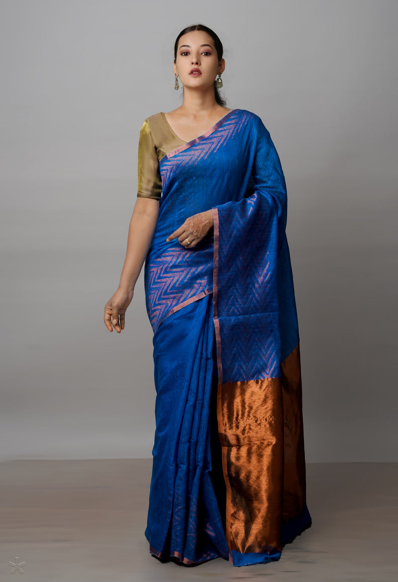 Blue Pure Handloom Dupion Bengal Sico Saree-UNM72149