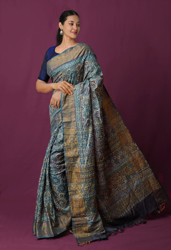 Bluish Grey  Dyed Printed With French knot Stitch Embroidery Bengal Tussar Silk Saree-UNM72164