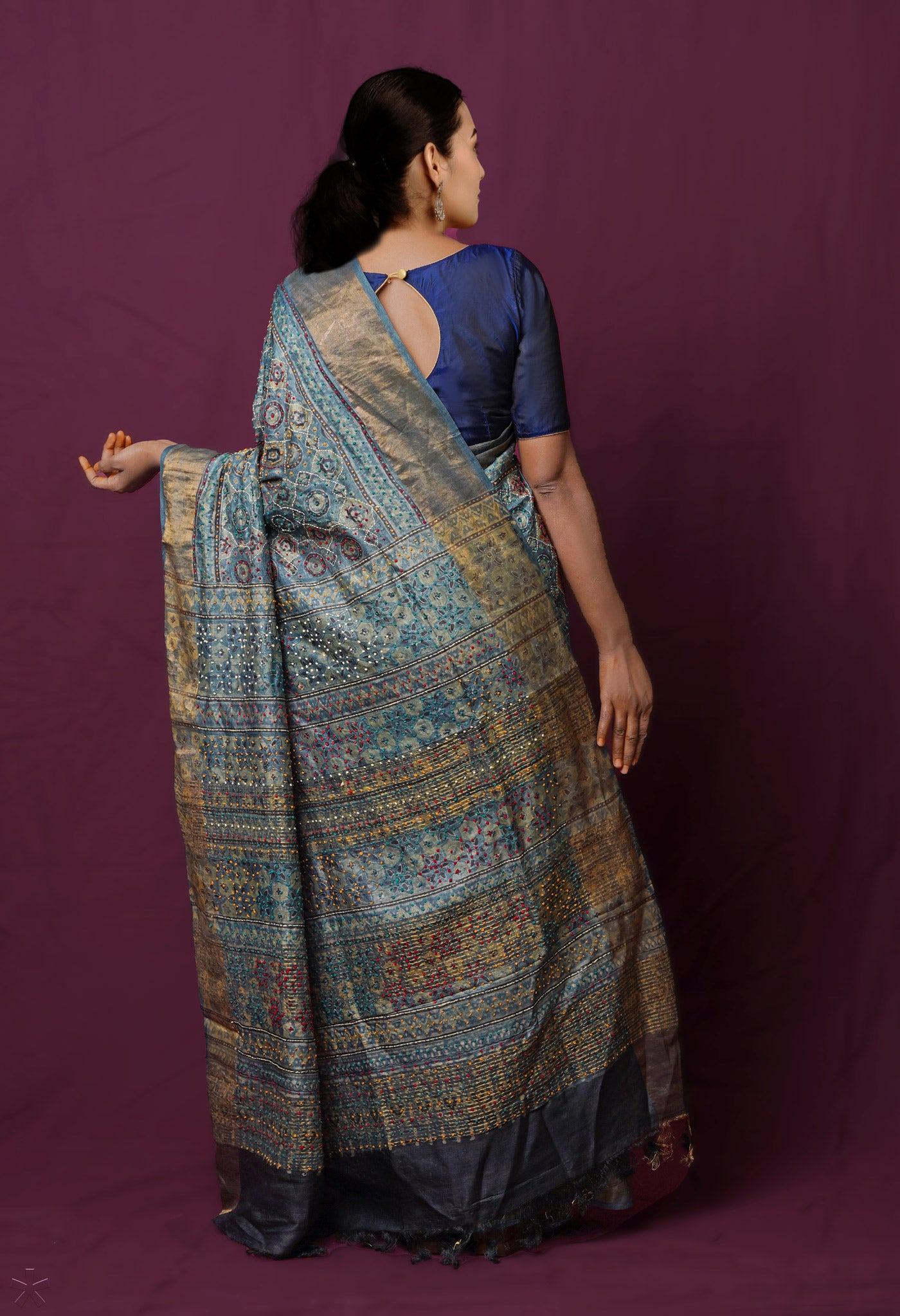Bluish Grey  Dyed Printed With French knot Stitch Embroidery Bengal Tussar Silk Saree-UNM72164