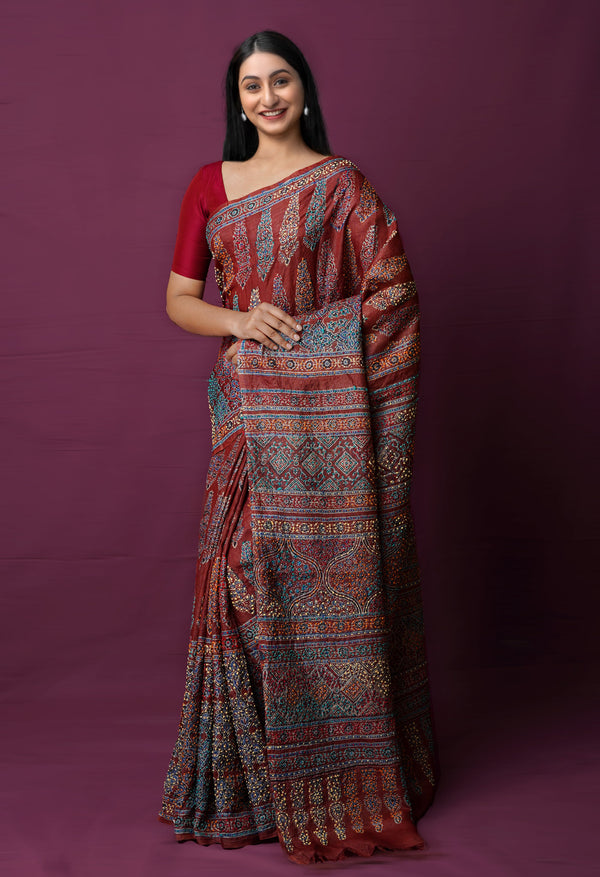 Burgundy  Dyed Printed With French knot Stitch Embroidery Bengal Tussar Silk Saree-UNM72165