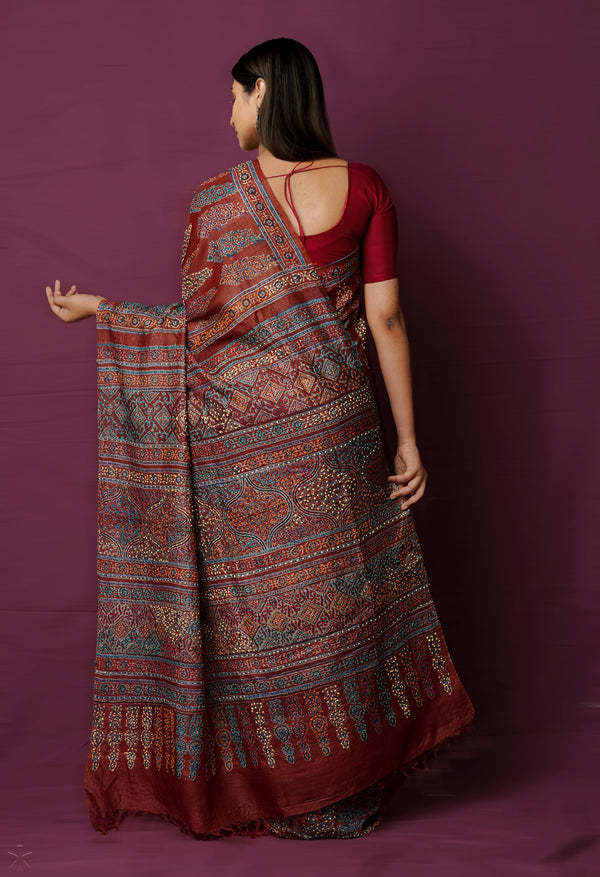 Burgundy  Dyed Printed With French knot Stitch Embroidery Bengal Tussar Silk Saree-UNM72165