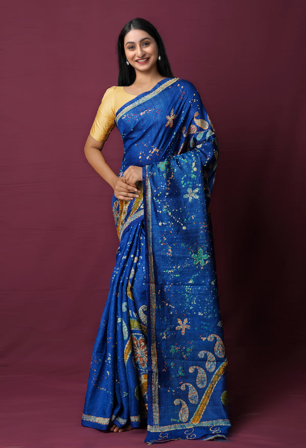Dark Blue Pure Handloom Dyed Printed With French knot Stitch Embroidery Bengal Tussar Silk Saree-UNM72166