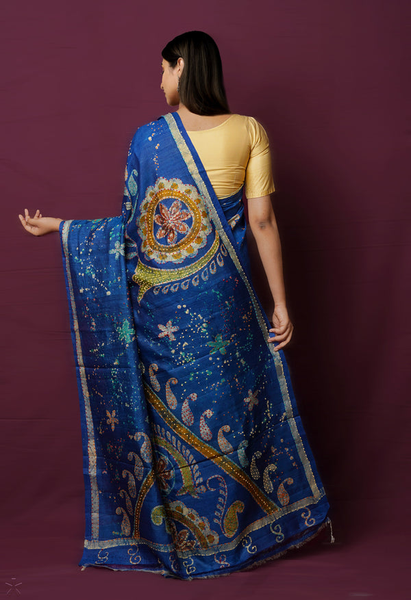 Dark Blue Pure Handloom Dyed Printed With French knot Stitch Embroidery Bengal Tussar Silk Saree-UNM72166