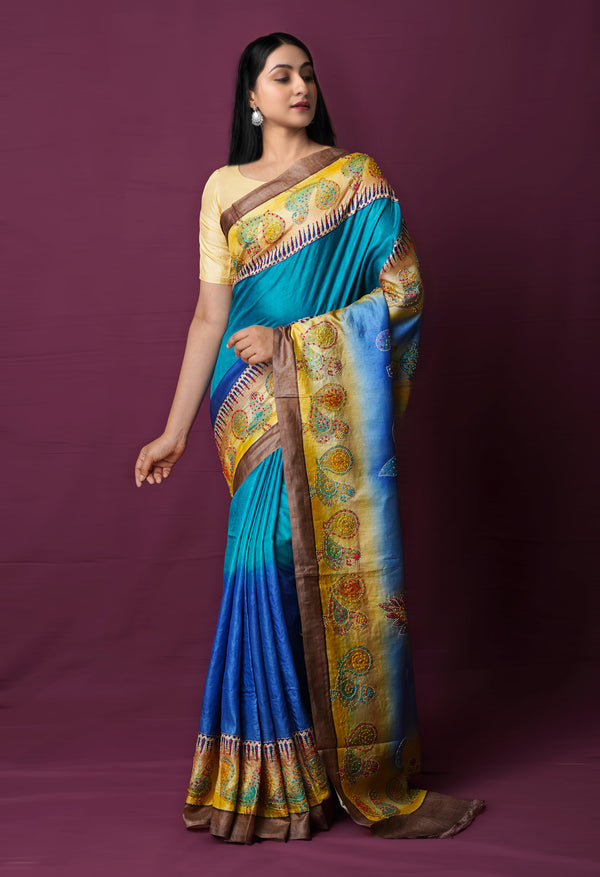 Dark Blue Pure Handloom Dyed Printed With French knot Stitch and Kantha Work Embroidery Bengal Tussar Silk Saree-UNM72167