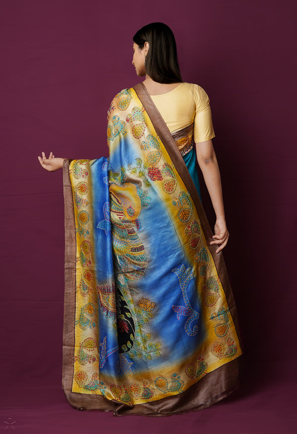 Dark Blue Pure Handloom Dyed Printed With French knot Stitch and Kantha Work Embroidery Bengal Tussar Silk Saree-UNM72167