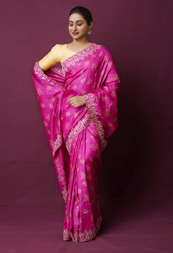 Fuchia Purple Pure Handloom Block Printed With Gotta  and French knot Stitch Embroidery Bengal Tussar Silk Saree-UNM72168