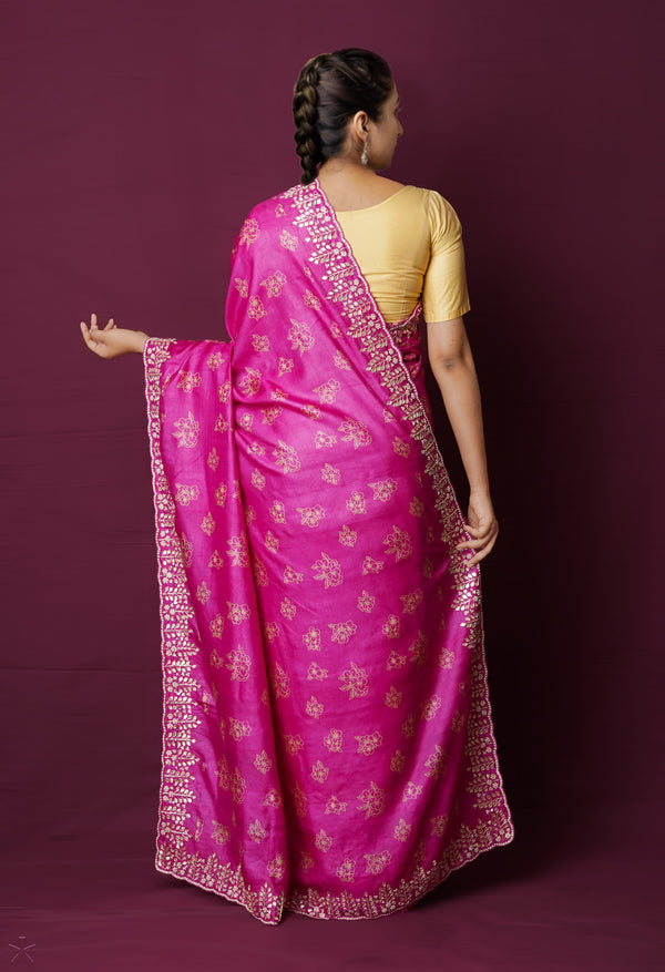 Fuchia Purple Pure Handloom Block Printed With Gotta  and French knot Stitch Embroidery Bengal Tussar Silk Saree-UNM72168