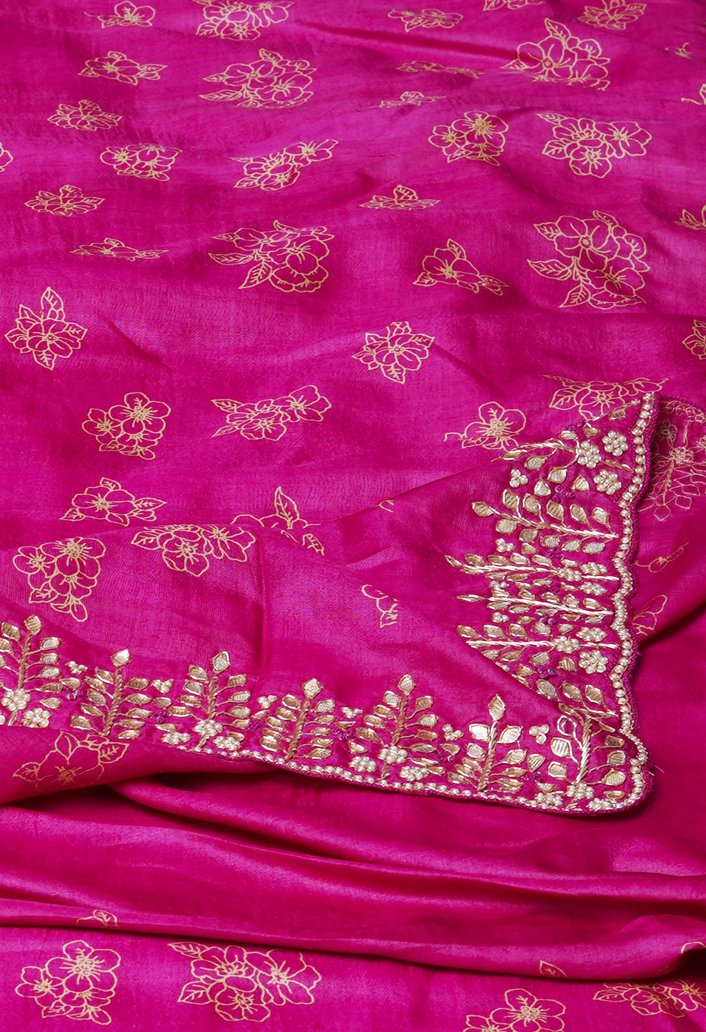 Fuchia Purple Pure Handloom Block Printed With Gotta  and French knot Stitch Embroidery Bengal Tussar Silk Saree-UNM72168