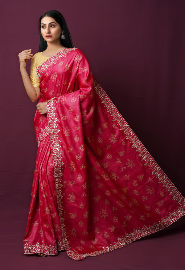 Cerise Pink Pure Handloom Block Printed With Gotta  and French knot Stitch Embroidery Bengal Tussar Silk Saree-UNM72169