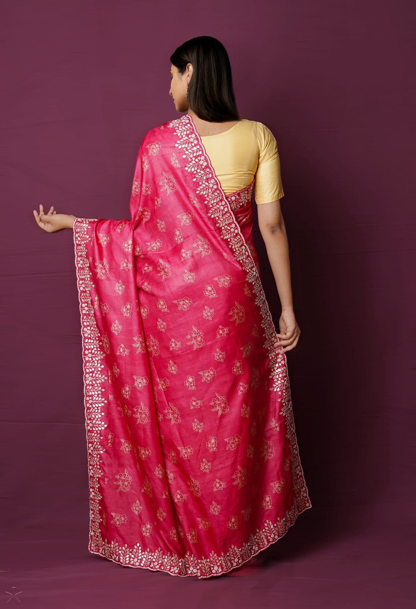Cerise Pink Pure Handloom Block Printed With Gotta  and French knot Stitch Embroidery Bengal Tussar Silk Saree-UNM72169