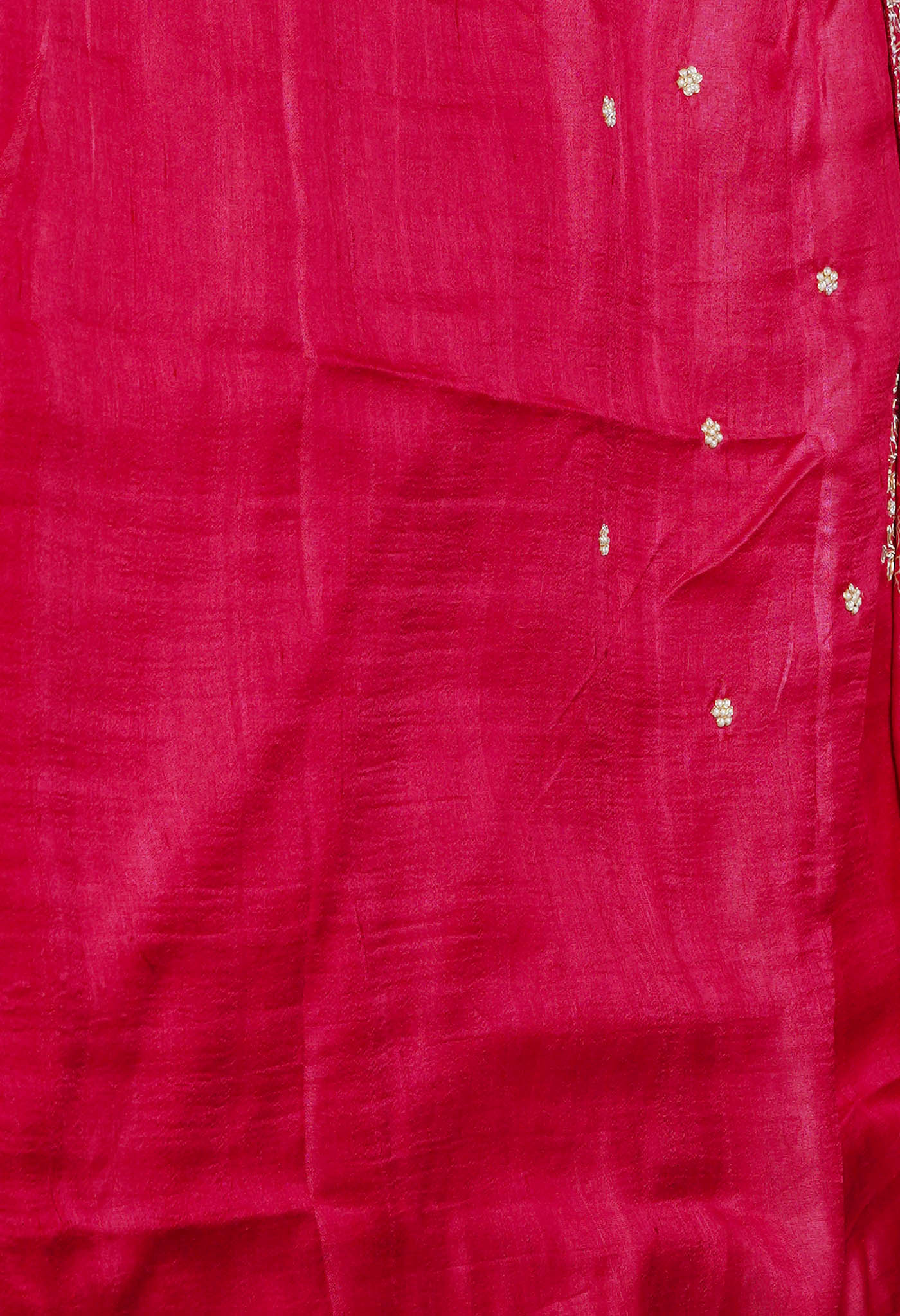 Cerise Pink Pure Handloom Block Printed With Gotta  and French knot Stitch Embroidery Bengal Tussar Silk Saree-UNM72169