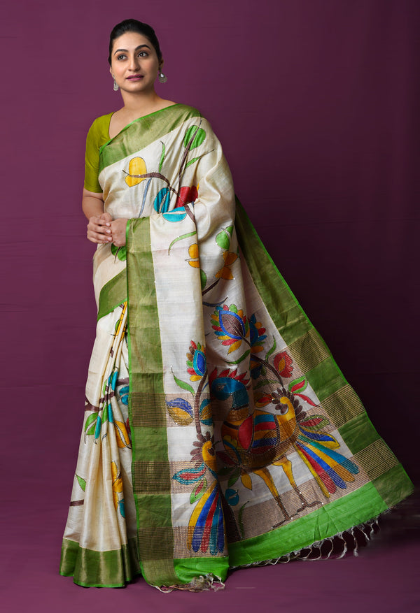 Off White Pure Handloom Dyed Printed With Kantha Work Embroidery Bengal Tussar Silk Saree-UNM72170