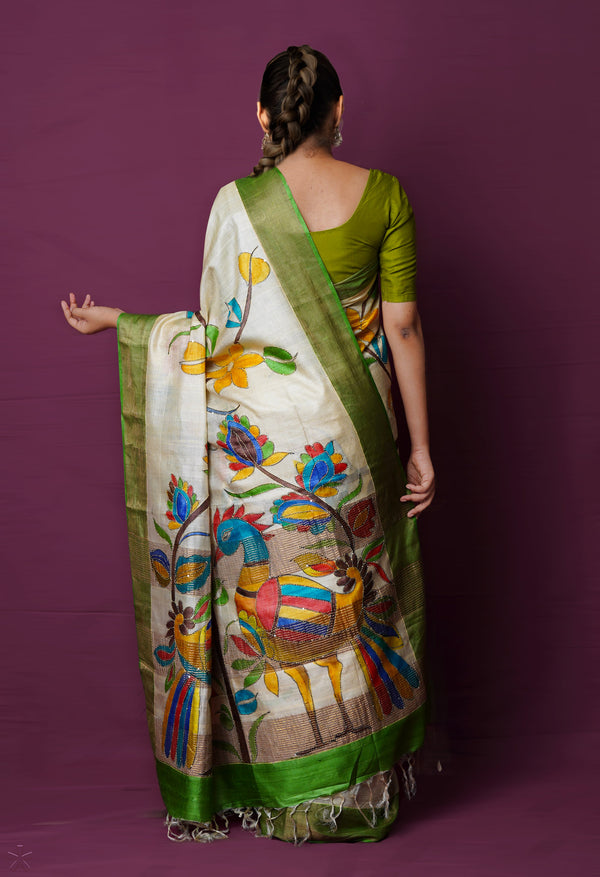 Off White Pure Handloom Dyed Printed With Kantha Work Embroidery Bengal Tussar Silk Saree-UNM72170