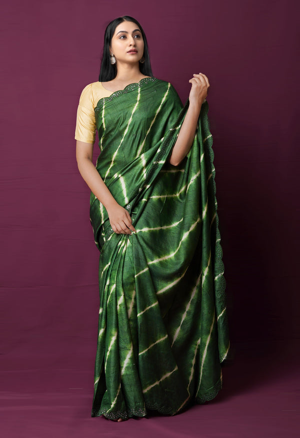 Dark Green Pure Handloom Fancy Mirror Work Tussar Silk Saree-UNM72172