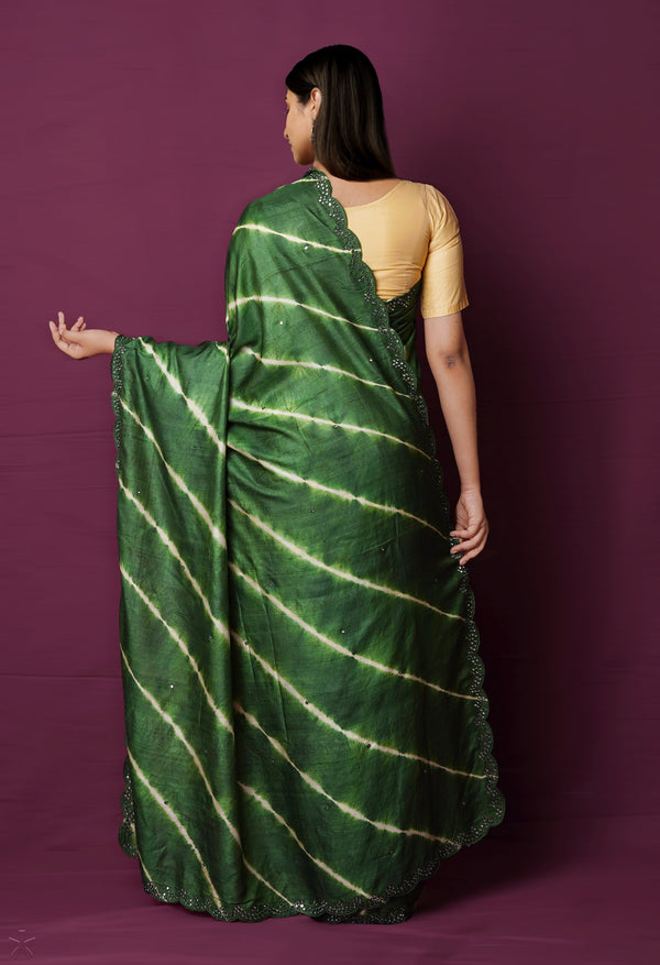 Dark Green Pure Handloom Fancy Mirror Work Tussar Silk Saree-UNM72172